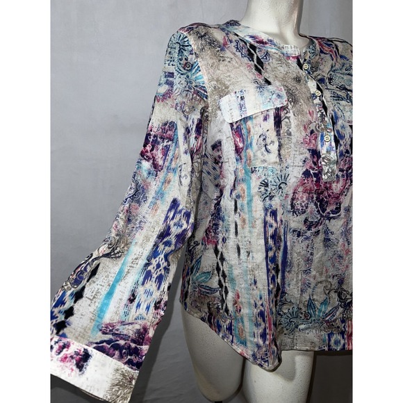 Chicos Top Size L (2) Colorful Button Cotton Office Light Weight Sheer LS Shirt - Picture 3 of 6
